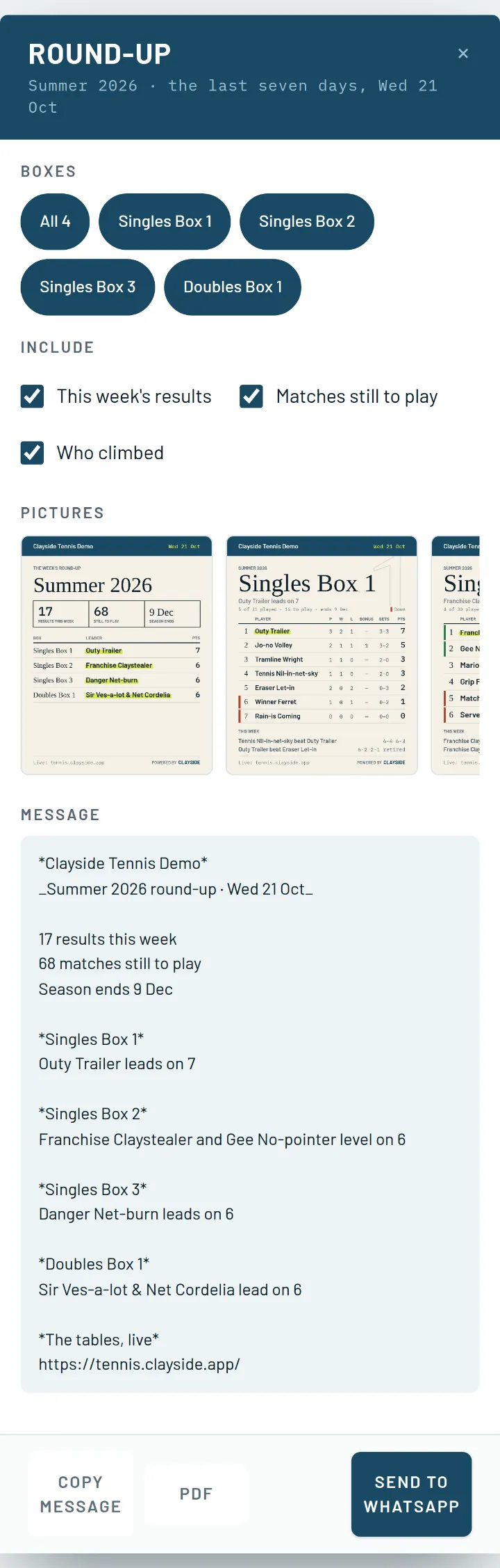 A phone showing the Round-up dialog: a chip for each box, switches for what to include, a row of table pictures with a cover first, and the message underneath above a Send to WhatsApp button.