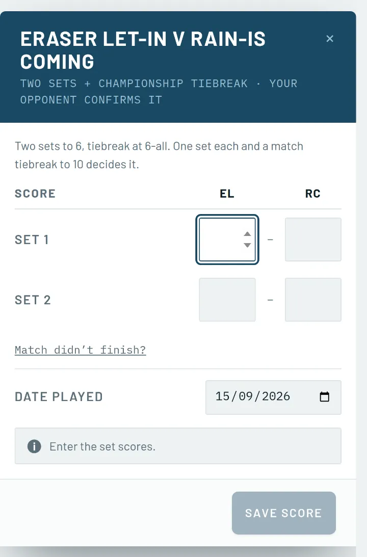 A phone score entry panel with boxes for two sets, the scoring format under the players' names, a date and a save button.