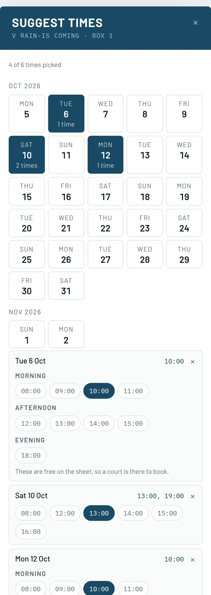 Suggest times on a phone: a calendar with four of six times picked across October, and a note that the times shown are free on the court sheet.