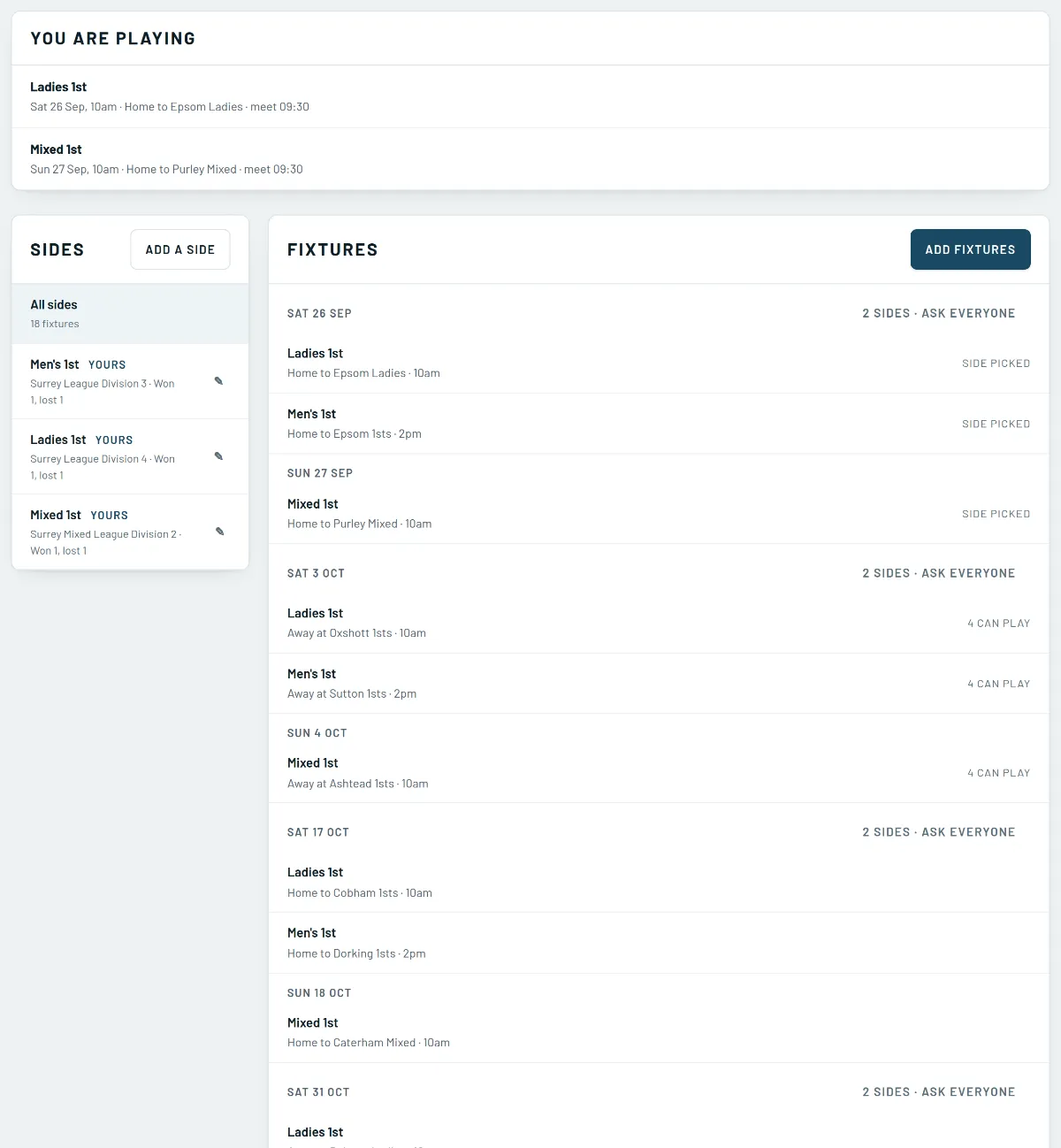 The Teams screen in Clayside: three sides with their league divisions, and a list of fixtures by date showing which sides are picked and how many can play.