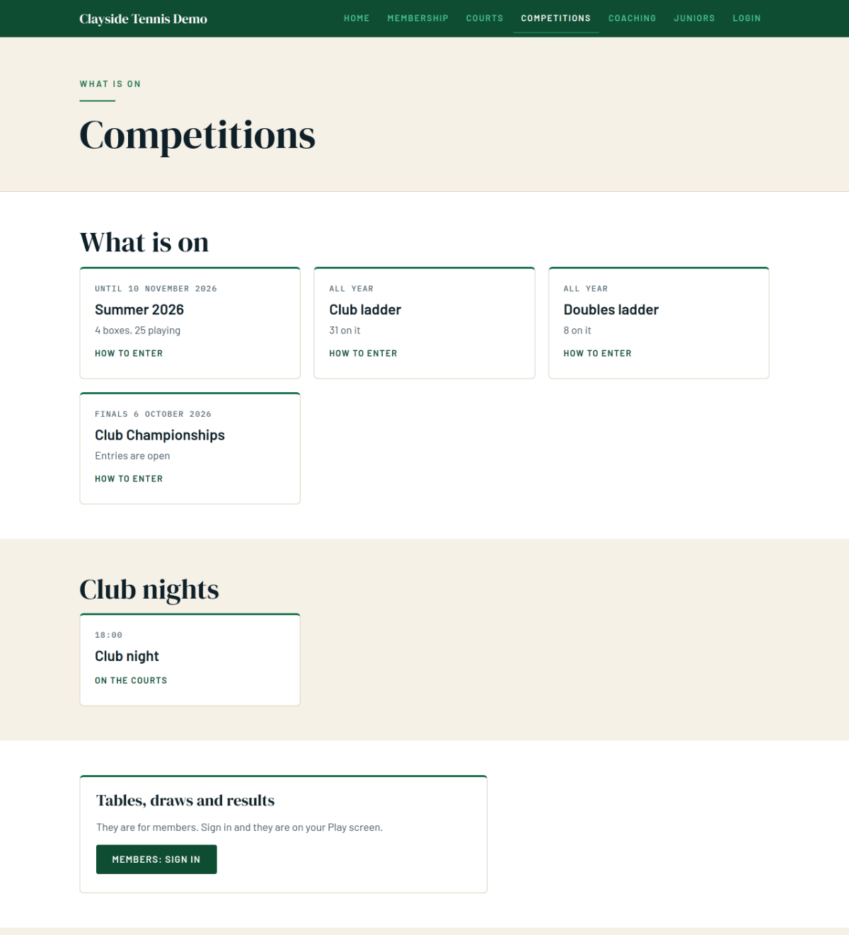 A club website Competitions page: a box league season, two ladders and a championship as cards with dates and numbers, a club night below them, and a card saying the tables, draws and results are for members.
