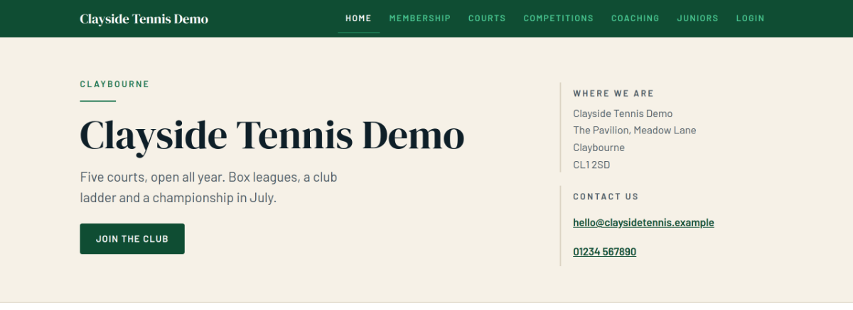 A club website home page: a coloured bar carrying the club's name and a menu, then the name in large type, a line describing the club, a Join the club button, and the address and phone number beside it.