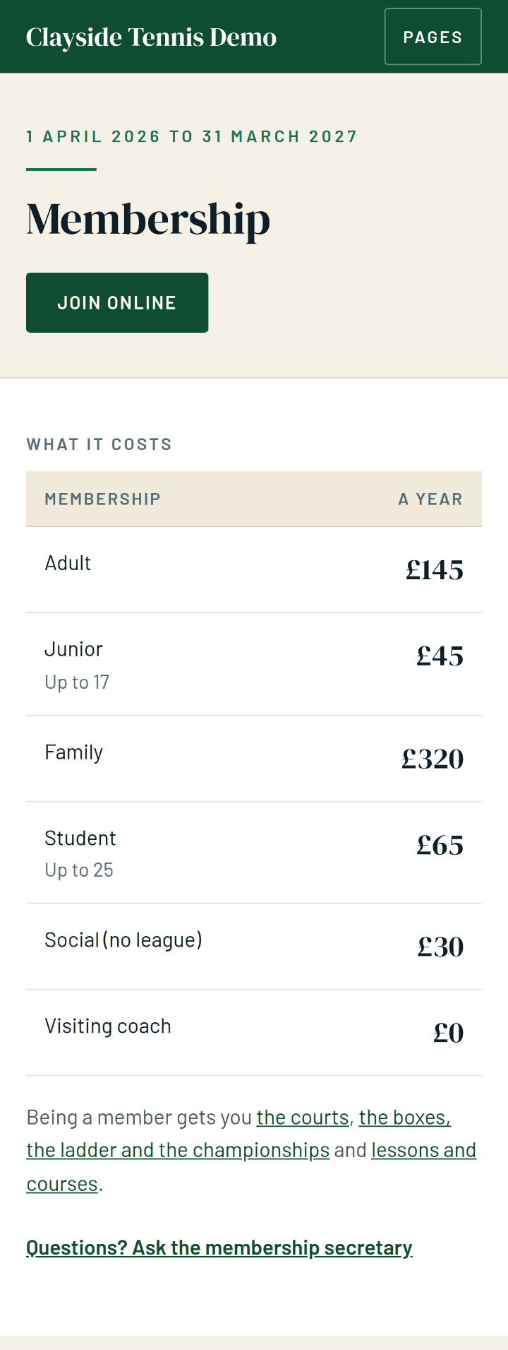 A phone membership page with the membership year above the heading, a Join online button, and a table of six membership categories with a price against each.