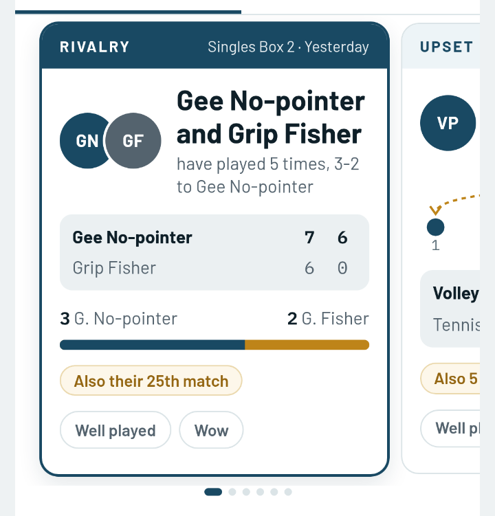 A phone showing a Clubhouse story card about a match result, with the players' initials, the score, and Well played and Wow reactions, and dots for more cards.