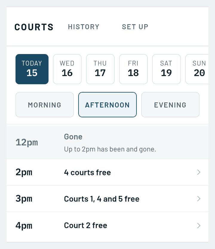 A phone list of afternoon start times with the courts free at each.