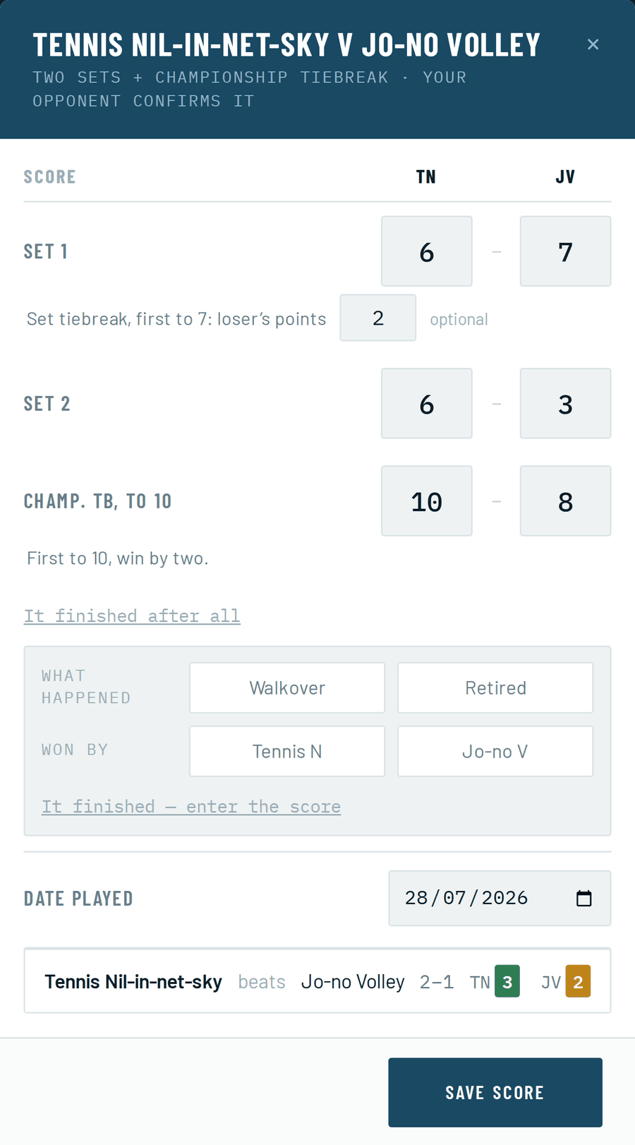 The same score panel expanded, with buttons for walkover and retired, a choice of who won, and a preview of the points each player will get.