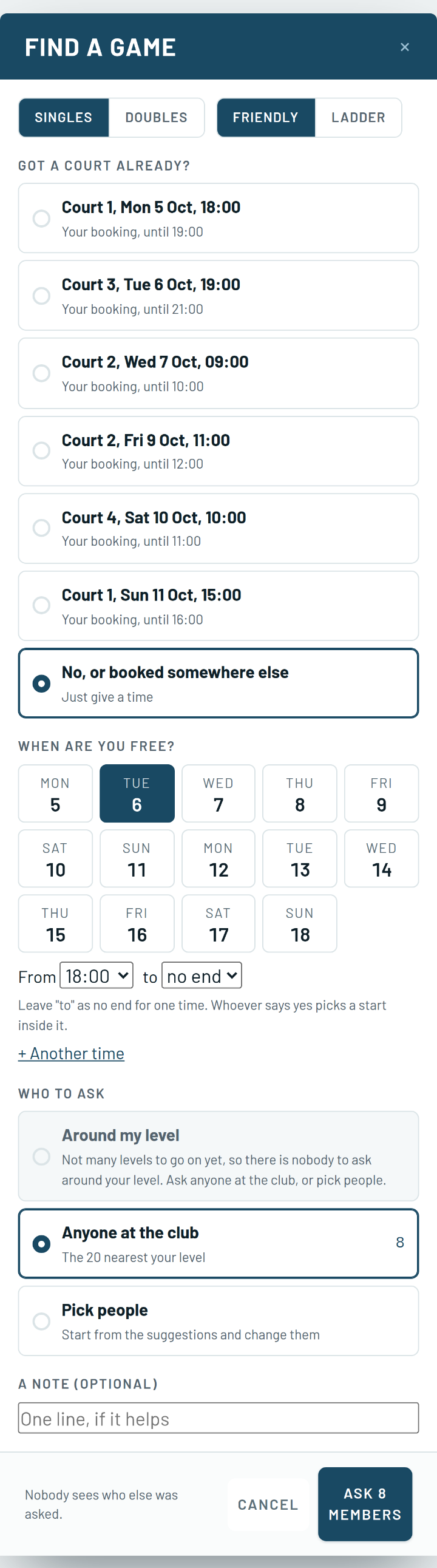 A phone form with singles and friendly chosen, a list of the member's court bookings, a calendar of days with one picked, a from and to time, and three choices of who to ask.
