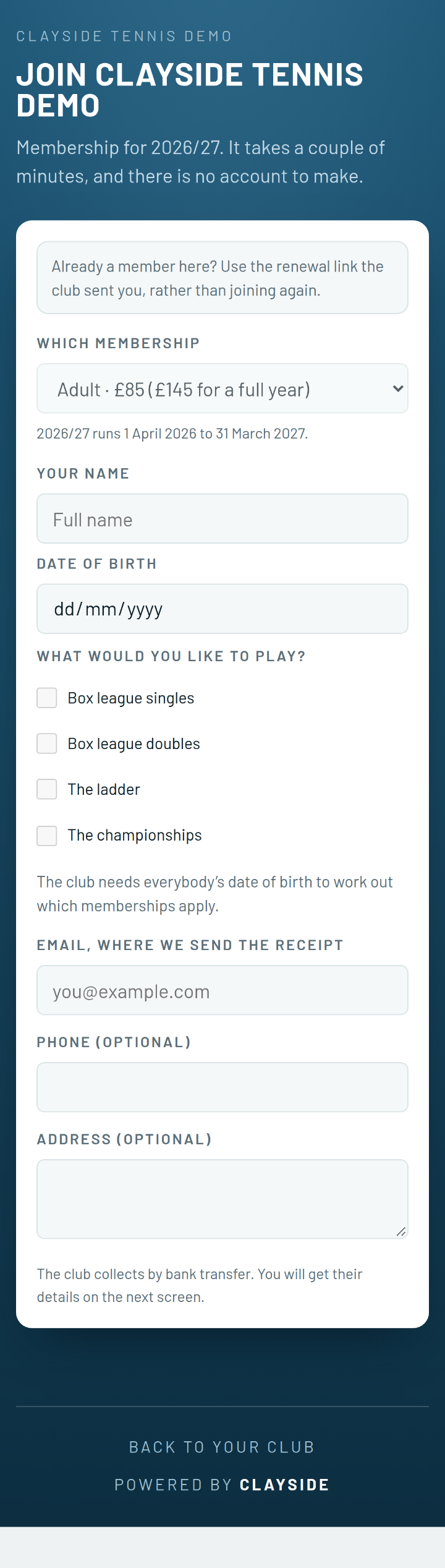 A phone form headed Join, with a membership picker showing a price and fields for a name, a date of birth and what they would like to play.