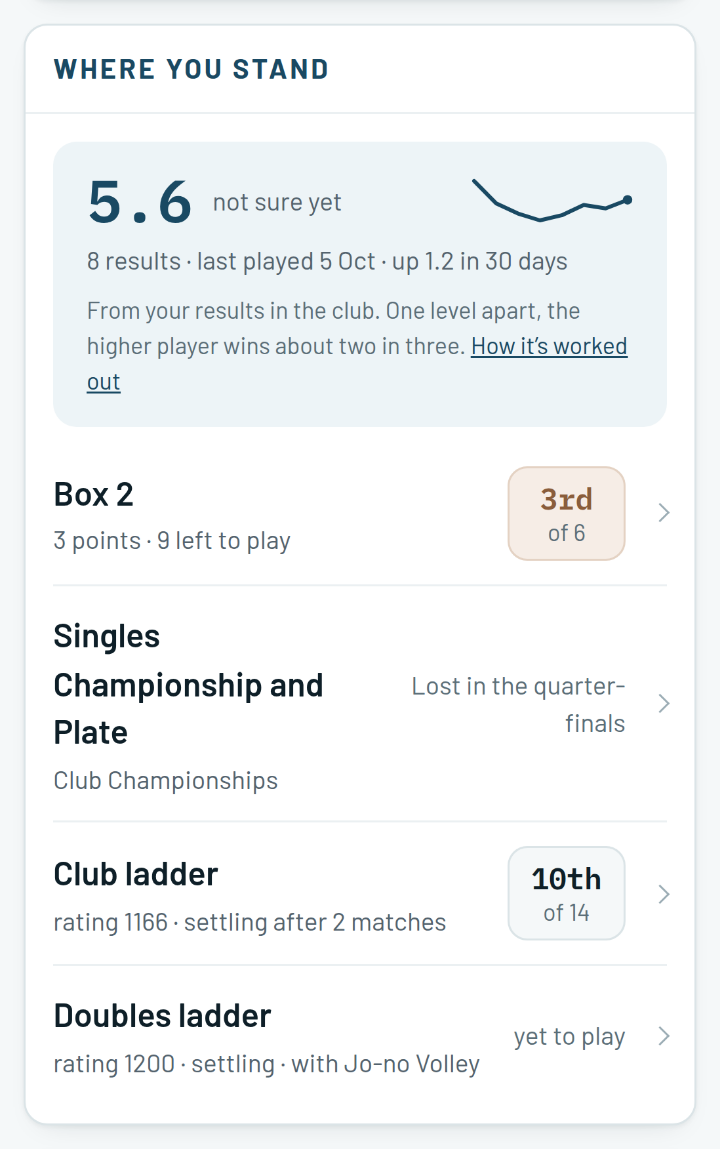 A member's level marked not sure yet with a small trend line, then their place in a box, two ladders and a tournament.