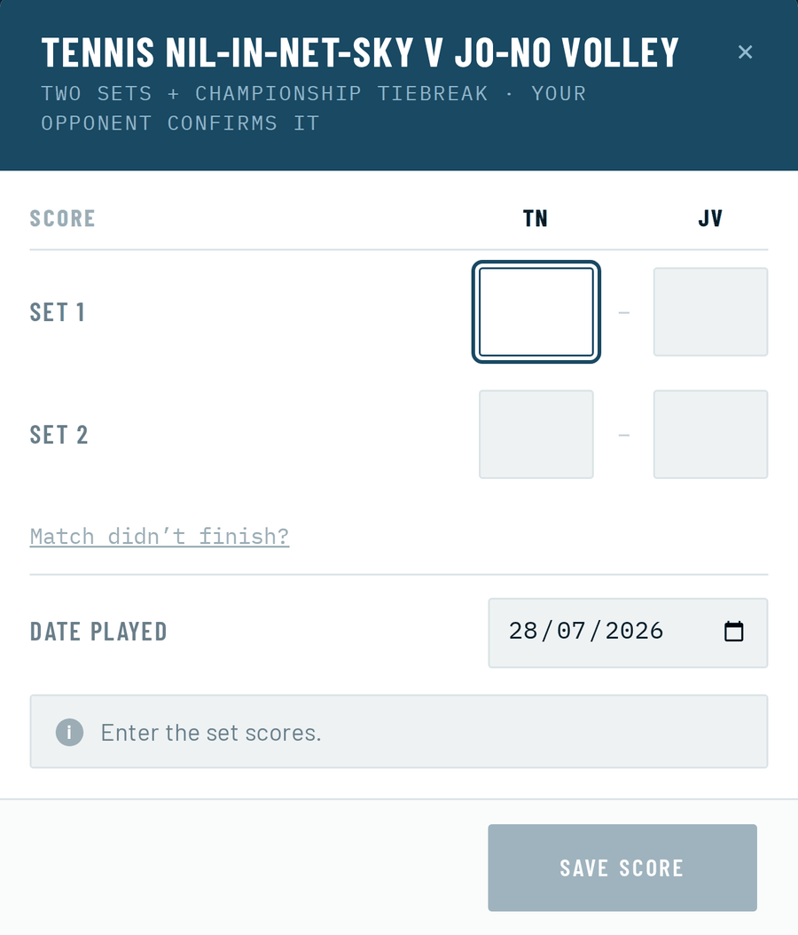 A phone-sized score entry panel with two set score boxes, a date field and a save button.