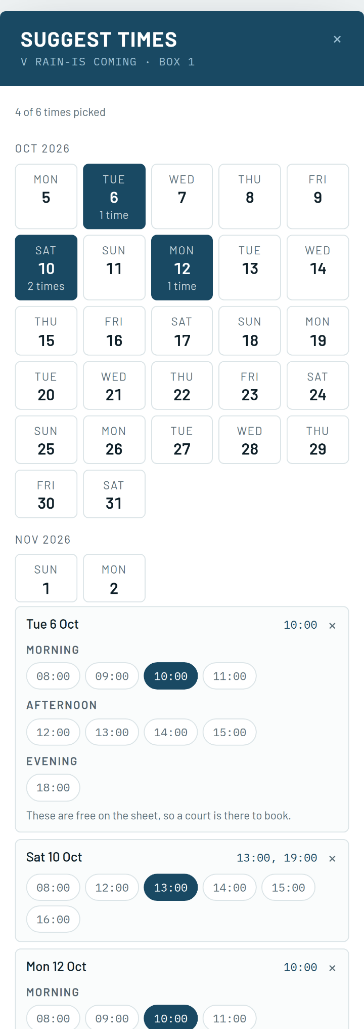 A calendar of dates with several days picked, and the start times offered under each picked day with one or more chosen.