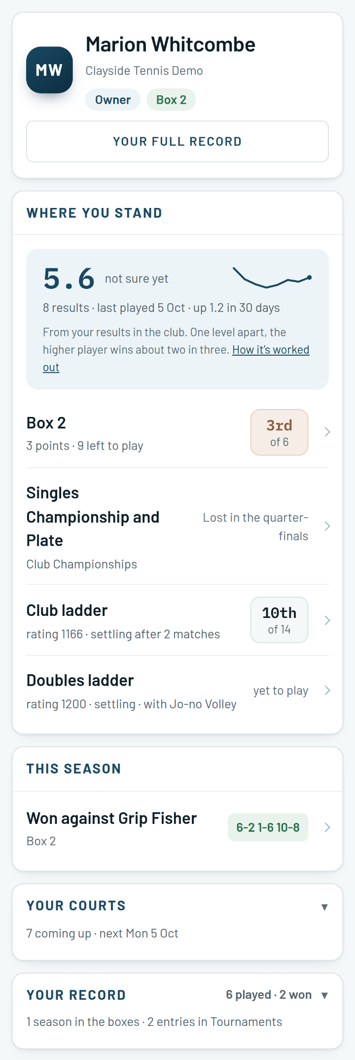A phone profile screen with the member's level and its trend, their place in a box, a tournament and two ladders, a result from this season, and folded sections for their courts and their record.